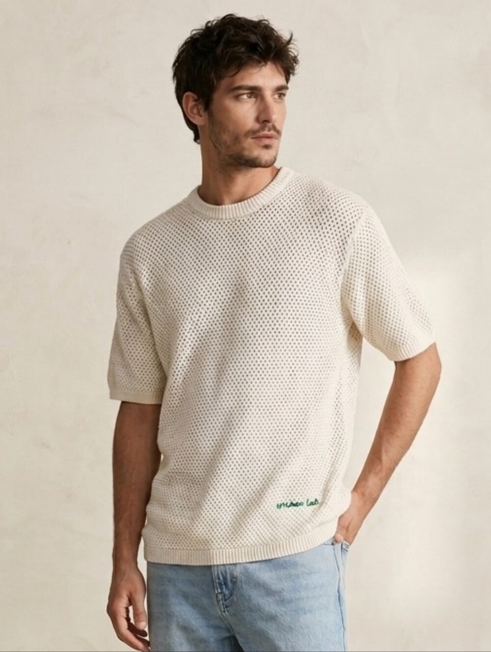 Zara Textured Knit Short Sleeve Men's Pullover Sweater Shirt Top Cream Size XL